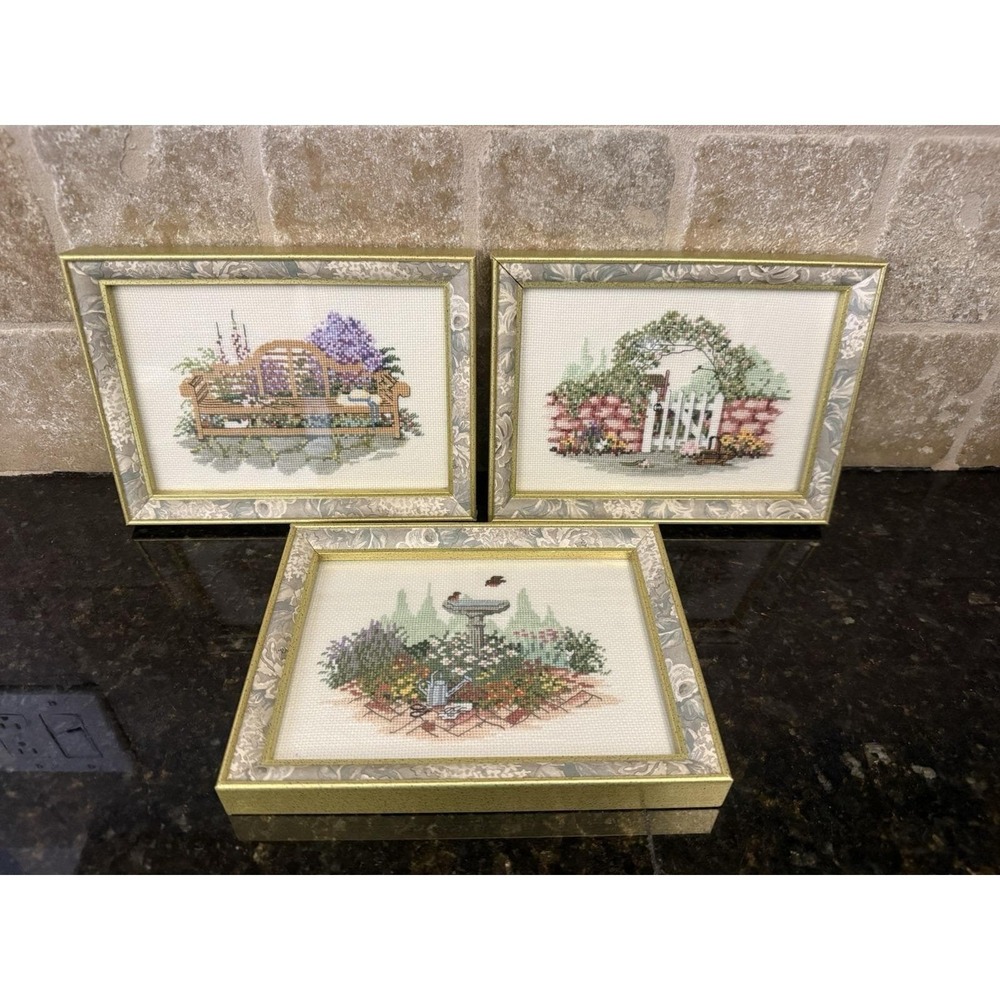 VTG Set Of 3 Framed Needlepoint Cross Stitch Cottage Core Garden Scenes 8" x  6"